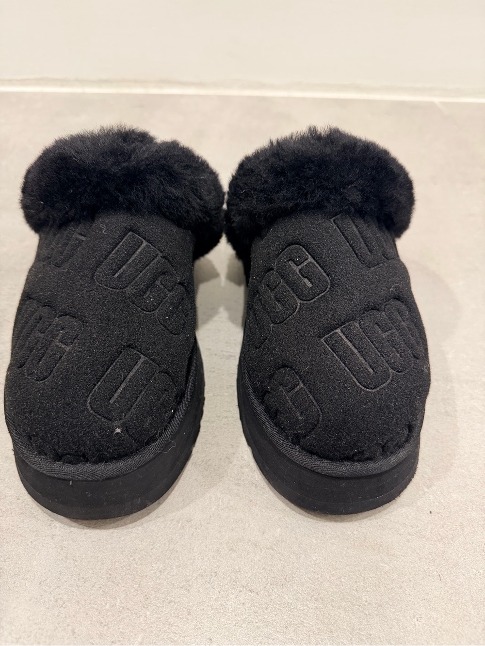 UGG Black Plush Logo Clog Slippers